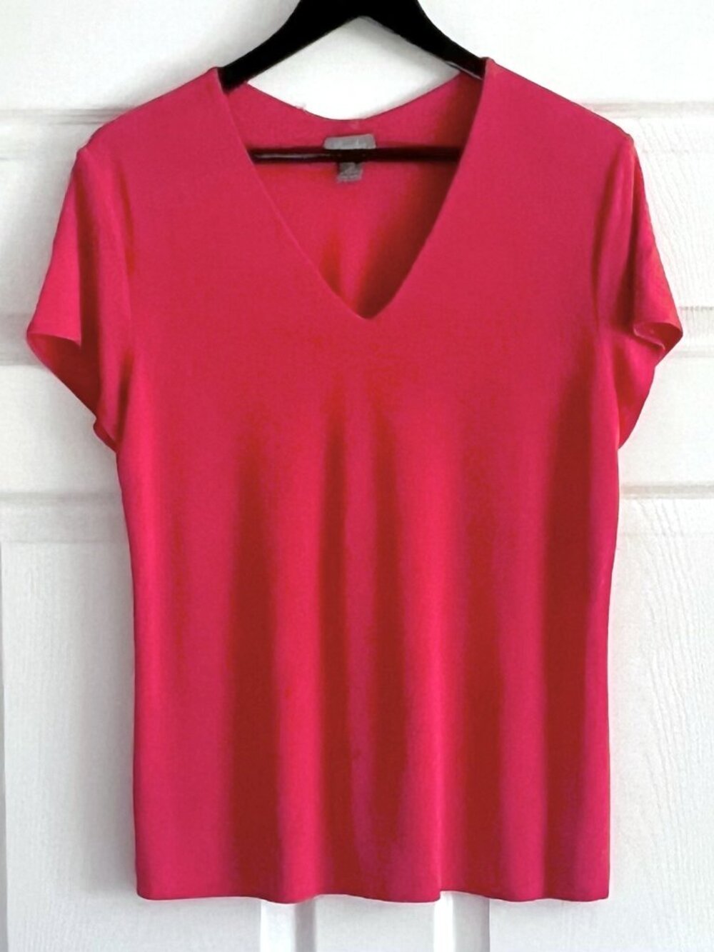 Chico’s Travelers coral pink slinky stretch short sleeve top blouse size 2 (L)